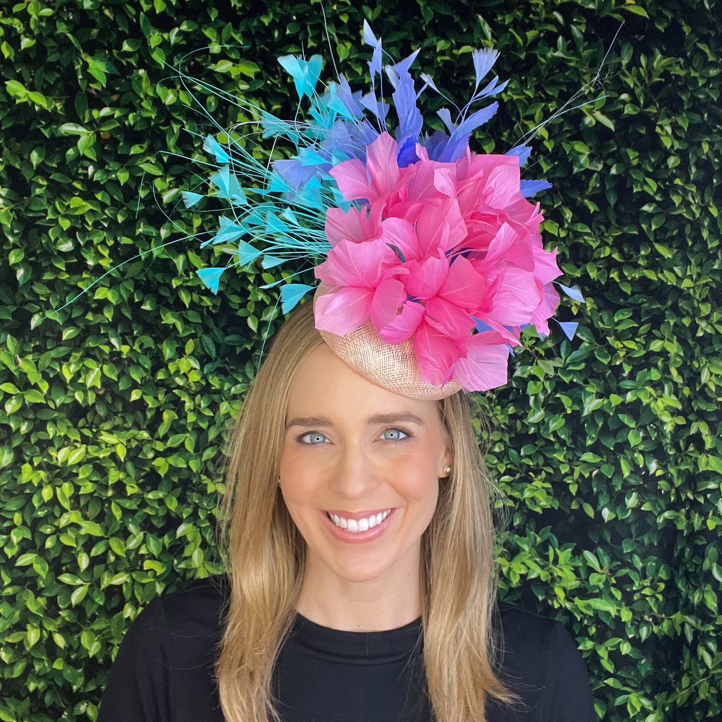 Evan Bubblegum Pink Aqua and Periwinkle Kentucky Derby Fascinator Hat