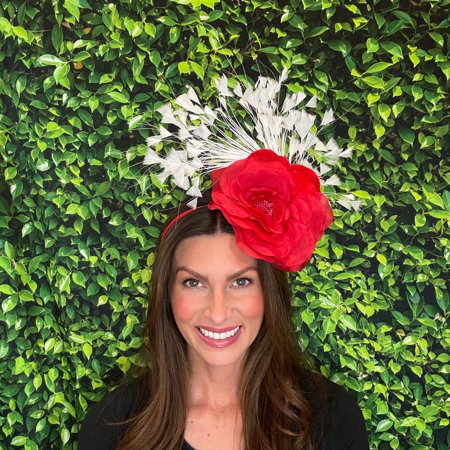 Cora Red Flower White Feather Kentucky Derby Fascinator Hat