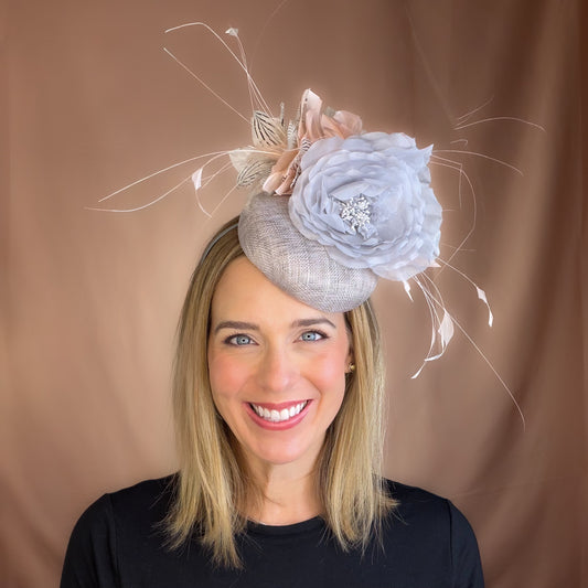 Cole Gray Silk Flower with Light Peach and White Feathers on a Gray Sinamay Hat Base Fall Fascinator