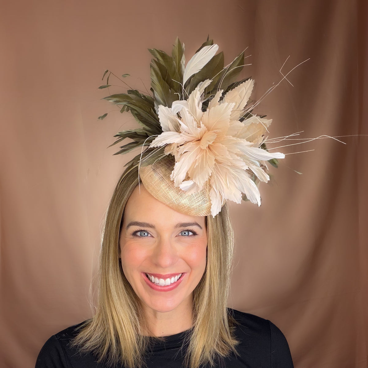 Reagan Light Tan and Olive Green Feathers on a Tan Sinamay Hat Base Fall Fascinator