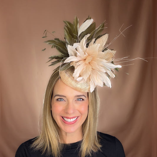 Reagan Light Tan and Olive Green Feathers on a Tan Sinamay Hat Base Fall Fascinator