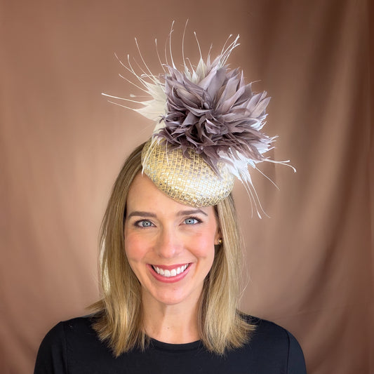 Sierra Gray and White Feathers on Woven Natural and Silver Hat Base Fascinator for Fall Horse Racing
