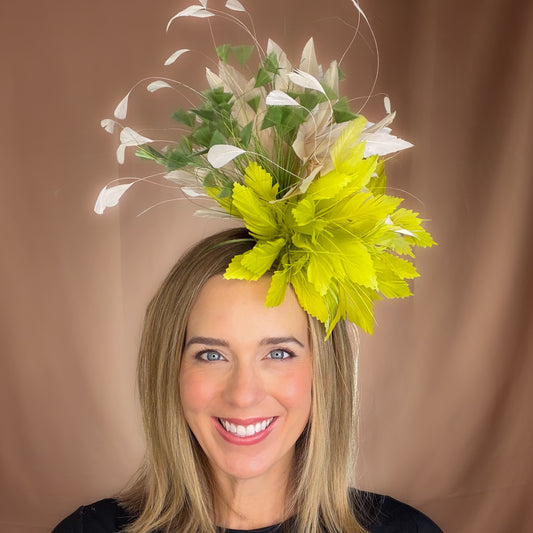 Nance Chartreuse Green Tan and Dark Green Feather Fall Horse Racing Fascinator