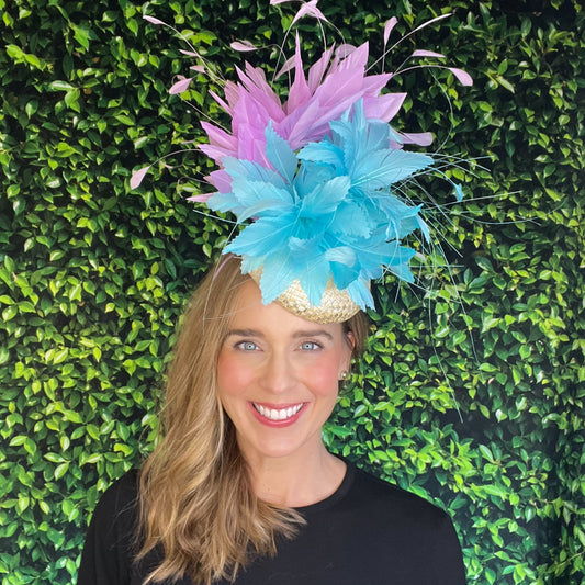 Hilary Aqua Blue and Pink Lavender Kentucky Derby Fascinator Hat