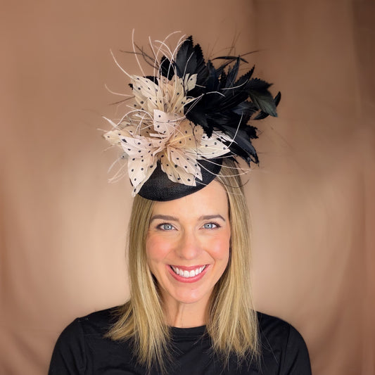 Jules Black and Tan with Dots Feather Fascinator on Sinamay Hat Base for Fall Horse Racing