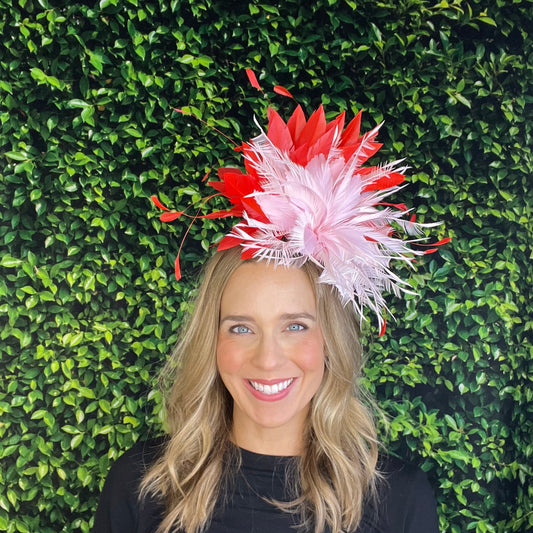 Kelsey Baby Pink and Red Kentucky Derby Fascinator Hat