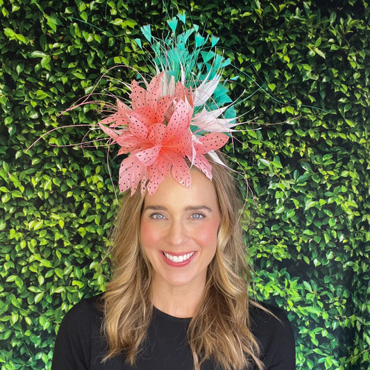 Carson Coral White Emerald Green Kentucky Derby Fascinator Hat
