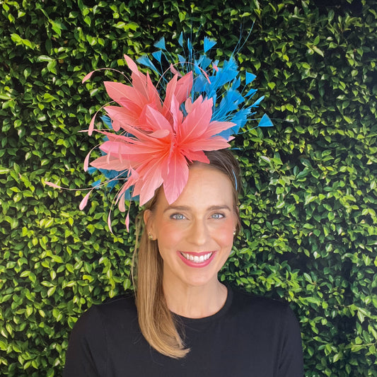 Taylor Coral and Teal Blue Kentucky Derby Fascinator Hat