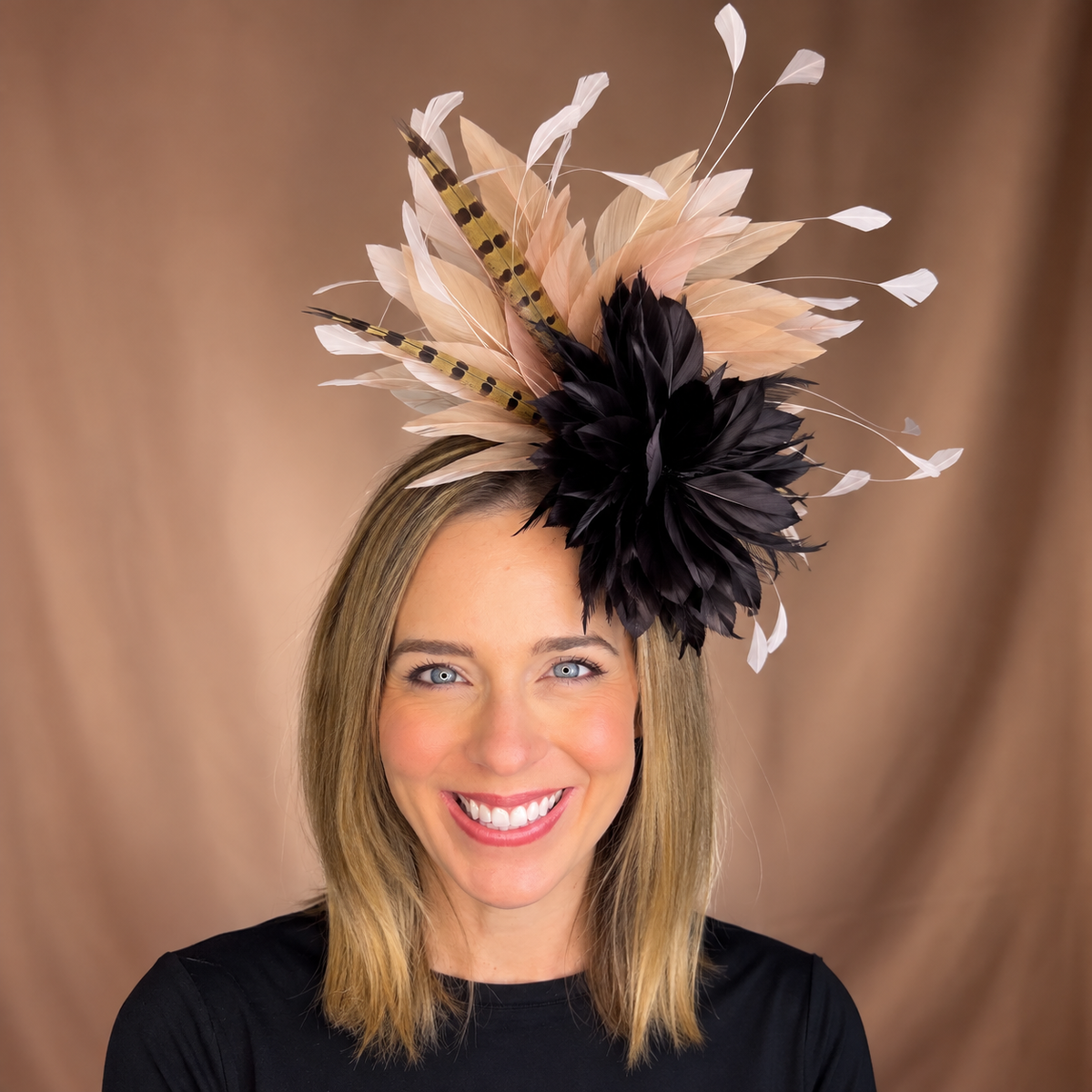 Rosie Brown and Tan Feather Fascinator for Fall Horse Racing