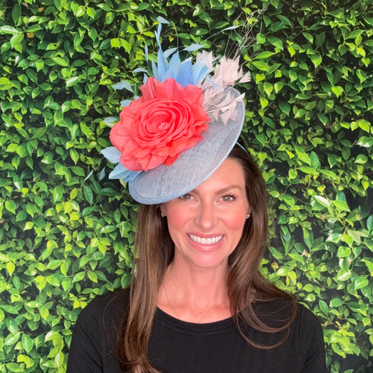 Carmen Light Blue Coral and Pale Pink Kentucky Derby Fascinator Hat