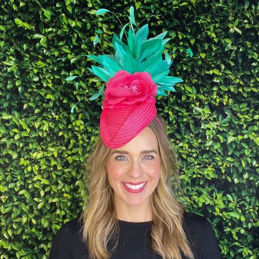 Loren Raspberry Pink and Emerald Green Kentucky Derby Fascinator Hat